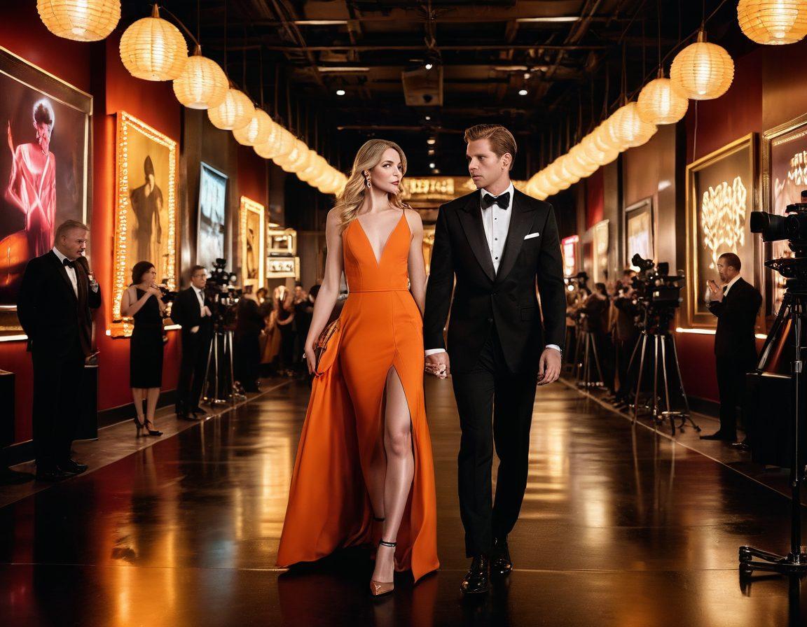 A stylish couple navigating through a romantic and glamorous adult movie set, surrounded by cameras and bright lights, interspersed with subtle symbols of caution like traffic cones and warning signs. The ambiance reflects both allure and professionalism, with a luxurious feel but hints of risk awareness. Soft focus on the couple with sharp details on safety elements. cinematic style. vibrant colors. 3D.