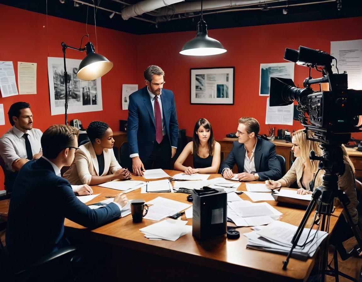 An artistic representation of an adult film set featuring a diverse group of actors discussing insurance policies, surrounded by film equipment and colorful lights. The scene should convey a sense of professionalism and creativity, with documents and contracts scattered on a table, and a camera capturing the moment. Emphasis on collaboration and protection of artistic endeavors. vibrant colors. super-realistic. cinematic style.