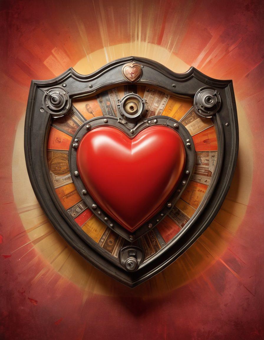 An abstract representation of a secure heart surrounded by various adult entertainment icons, such as a film reel, microphone, and spotlight, symbolizing protection and passion. The background features a subtle blend of colors, evoking a sense of warmth and trust. Include a shield motif to emphasize safety and coverage. Include soft lighting and a modern artistic flair. vibrant colors. abstract art.